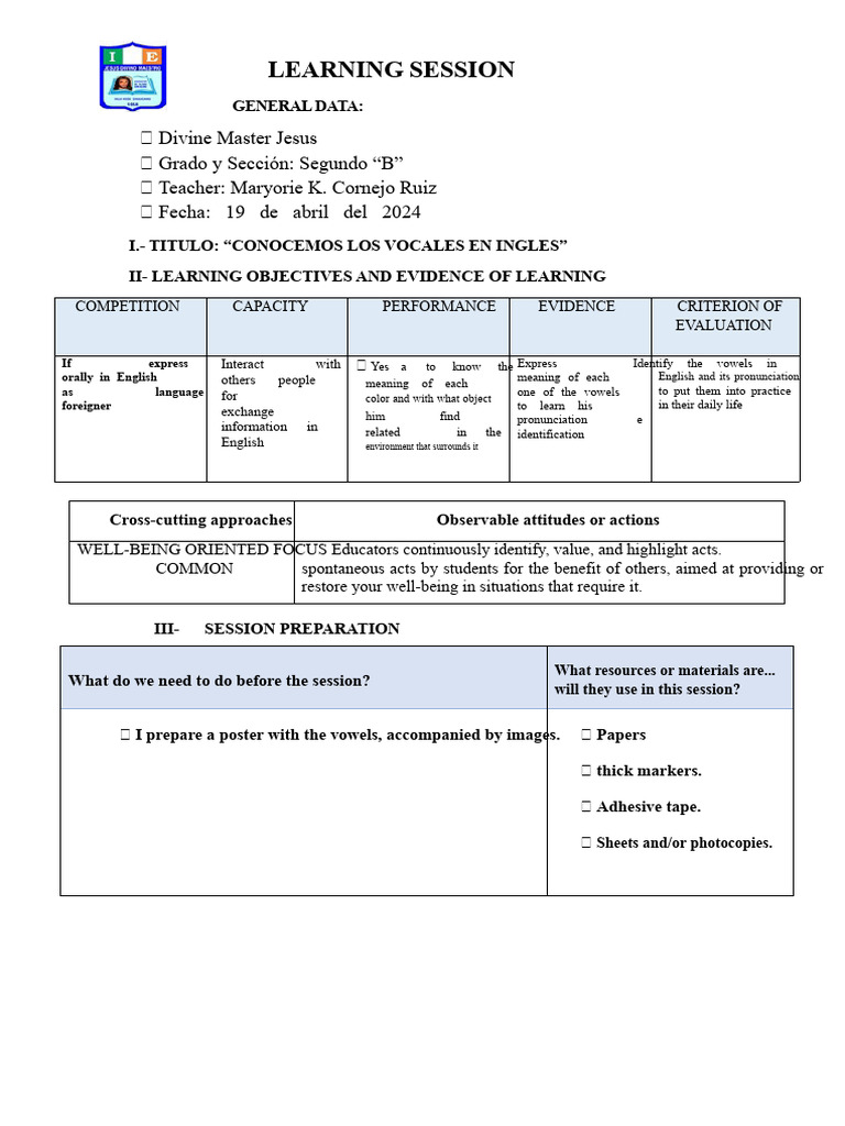 Learn English Vowels: Session Plan | PDF | English Language | Phonetics