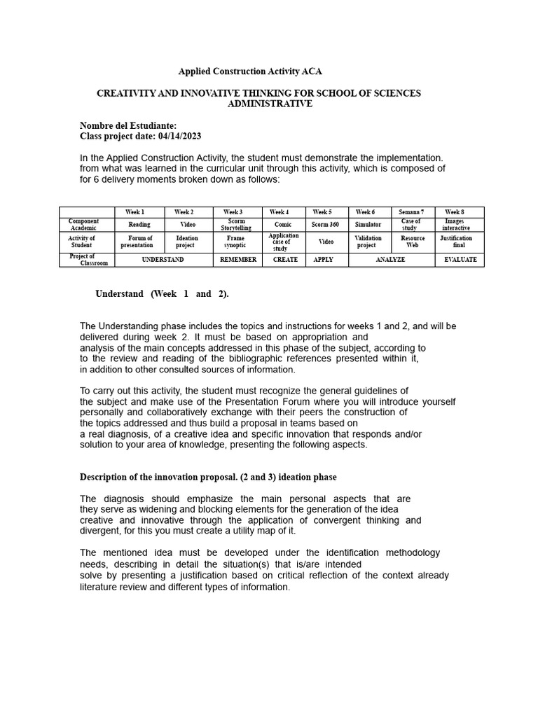 ACA - Classroom Project Phases - CREATIVITY AND INNOVATIVE THINKING FOR ...
