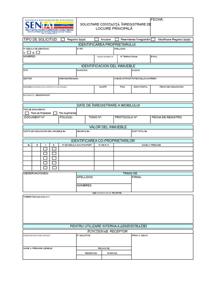 Formular de Solicitare Pentru Certificatul de Înregistrare A Locuinței ...