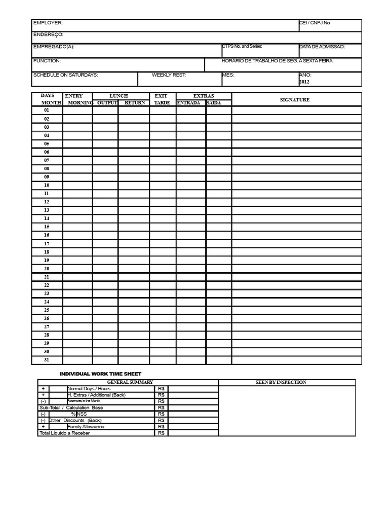 Monthly Employee Time Sheet Template | PDF