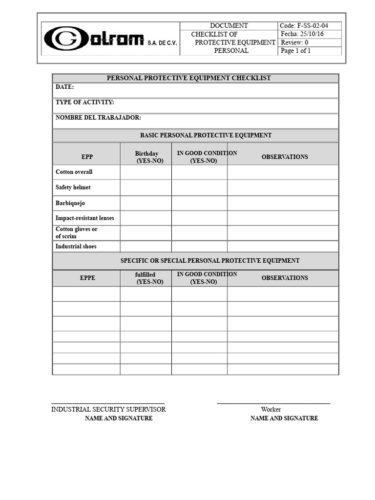 Personal Protective Equipment Checklist | PDF