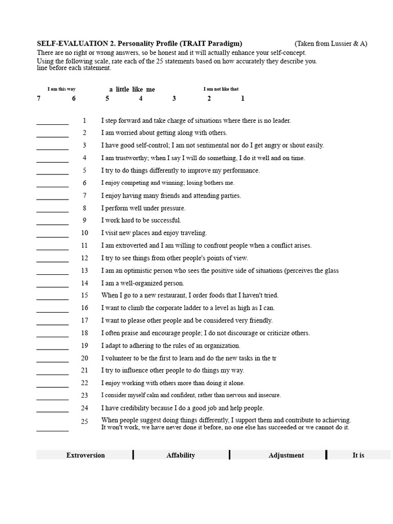 Personality Profile Self-Evaluation Tool | PDF | Extraversion And ...