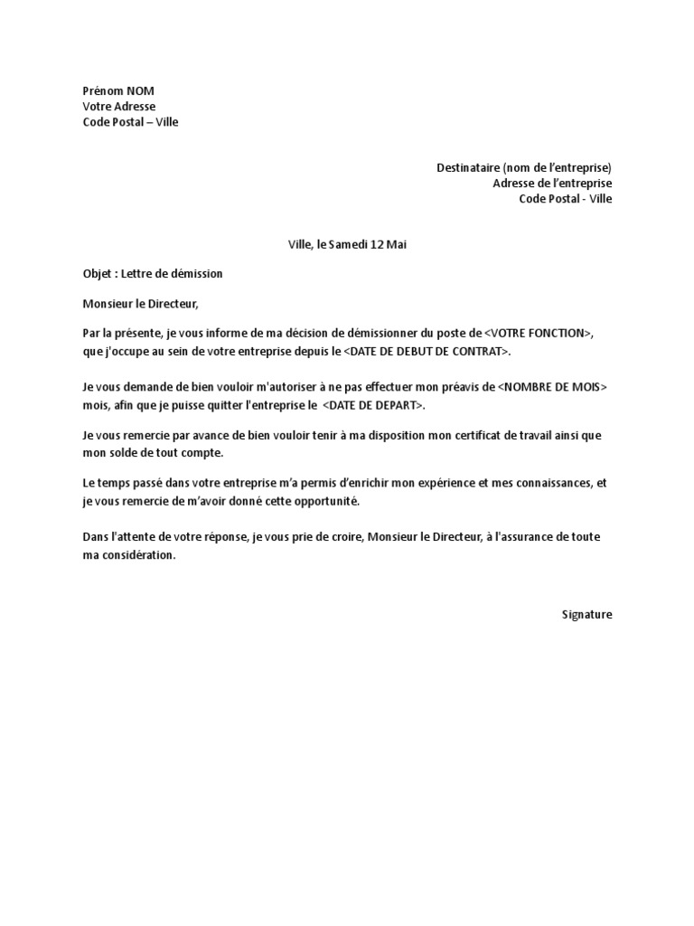 Lettre DemissionSans Préavis PDF
