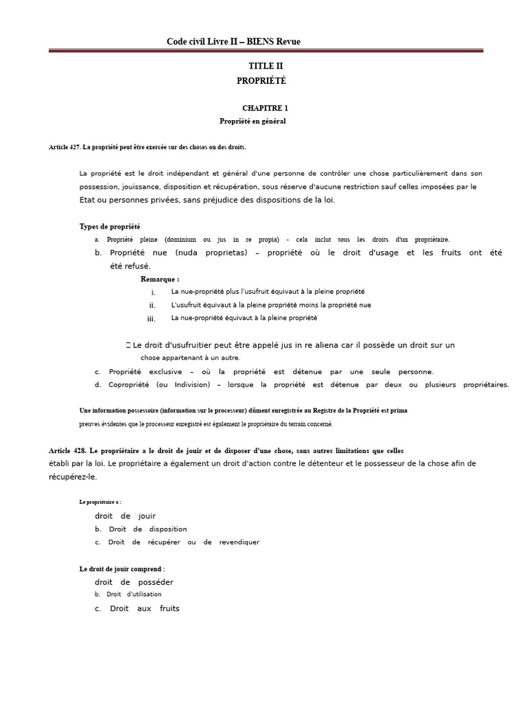 Propriété et droits selon le Code civil | PDF | Propriété | Droit à la ...