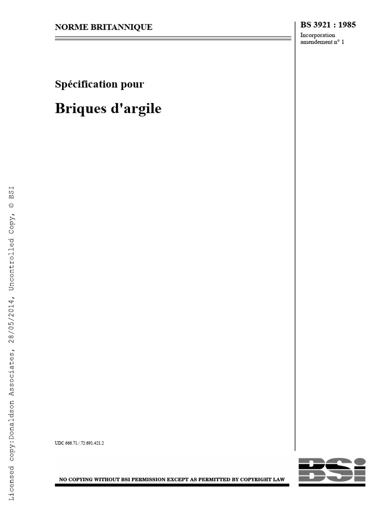 Spécifications des briques d'argile BS 3921:1985 | PDF | Brique | Titrage