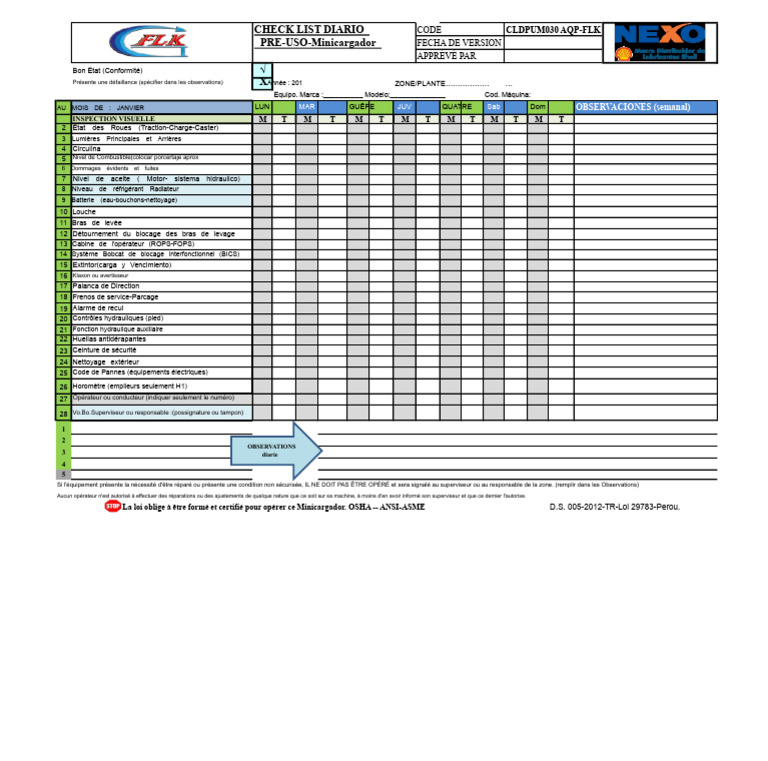 Checklist quotidienne pour Minicargador | PDF