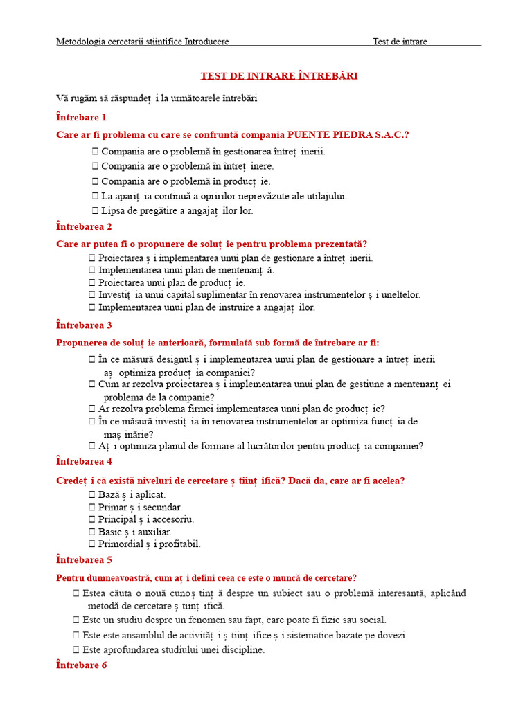 Test de Intrare Metodologia Cercetării | PDF