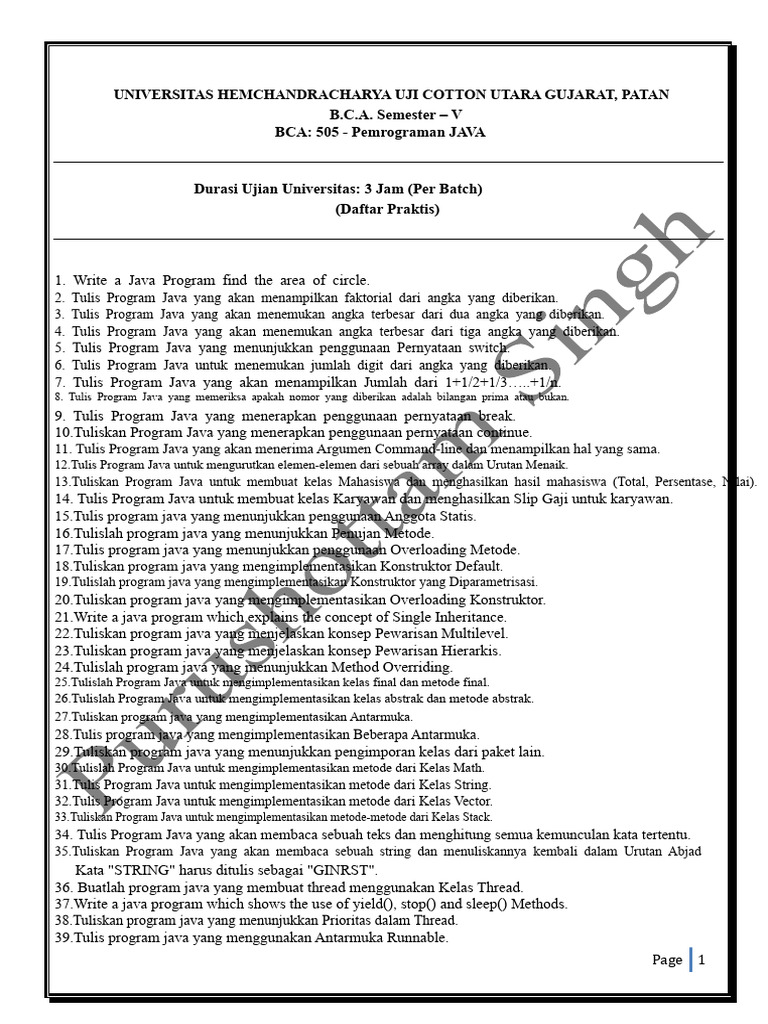 Praktikum Pemrograman Java BCA Semester V | PDF