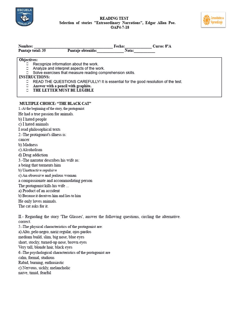 Edgar Allan Poe Reading Comprehension Test | PDF | Edgar Allan Poe