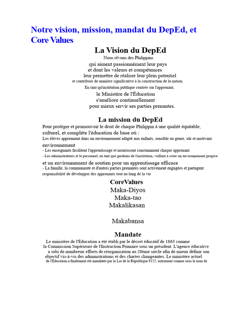 Vision et Mission du DepEd aux Philippines | PDF | Environnement ...