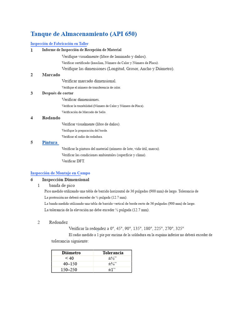 Inspección de Tanques API 650: Guía Completa | PDF | Vacío | Pulgada