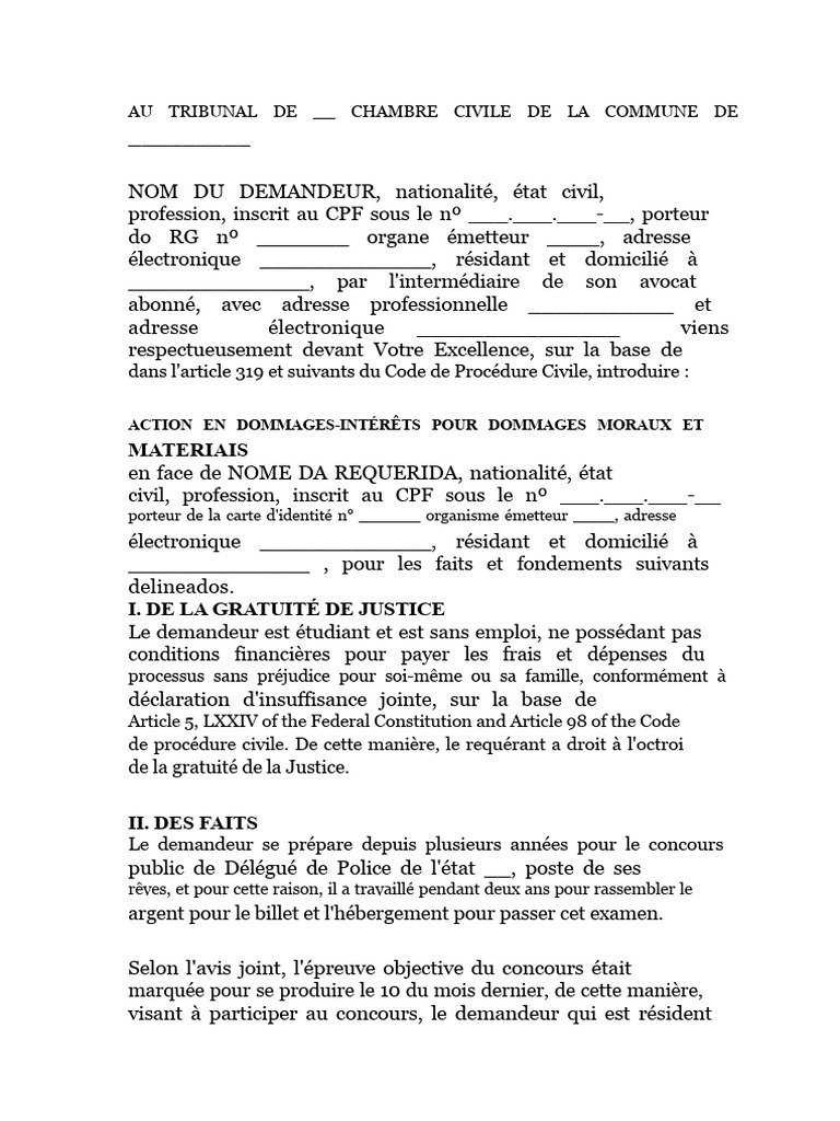 Modèle de Requête Initiale - Dommages Matériels Et Dommages Moraux ...