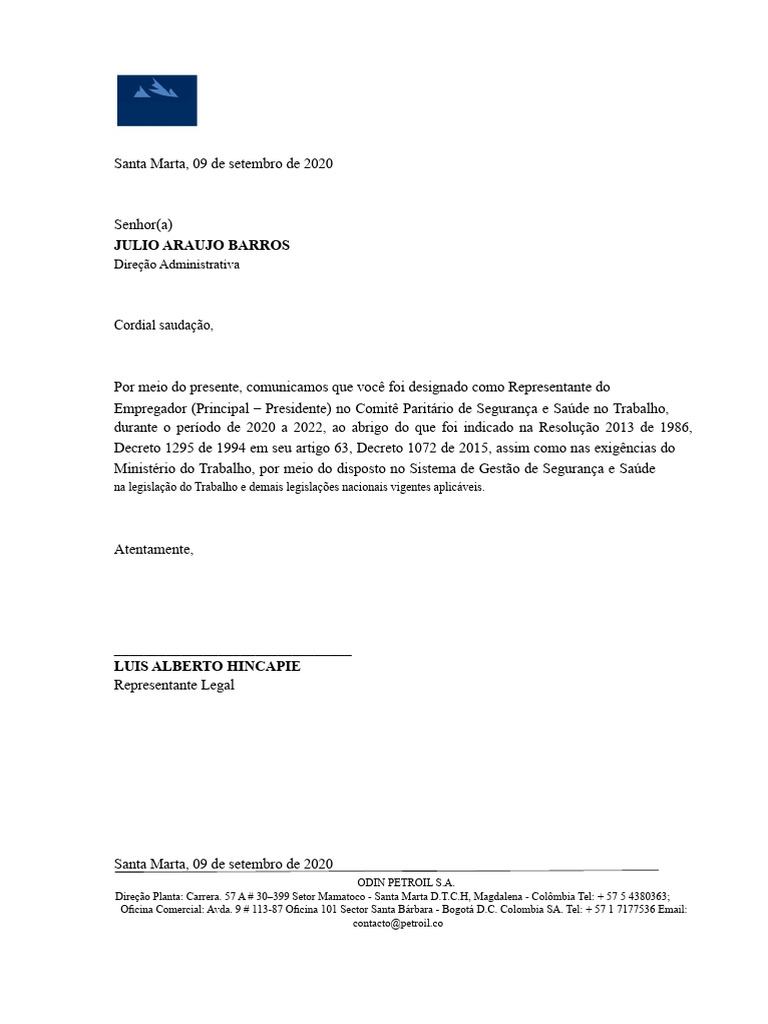 Designação de Representantes em Segurança do Trabalho | PDF