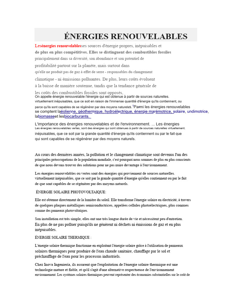 Énergies Renouvelables : Types et Avantages | PDF | Énergie solaire ...