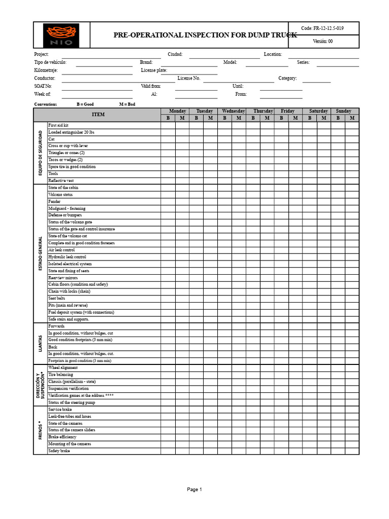 FR-12-12.5-019 Pre-Operational Inspection Dump Truck | PDF | Truck | Brake