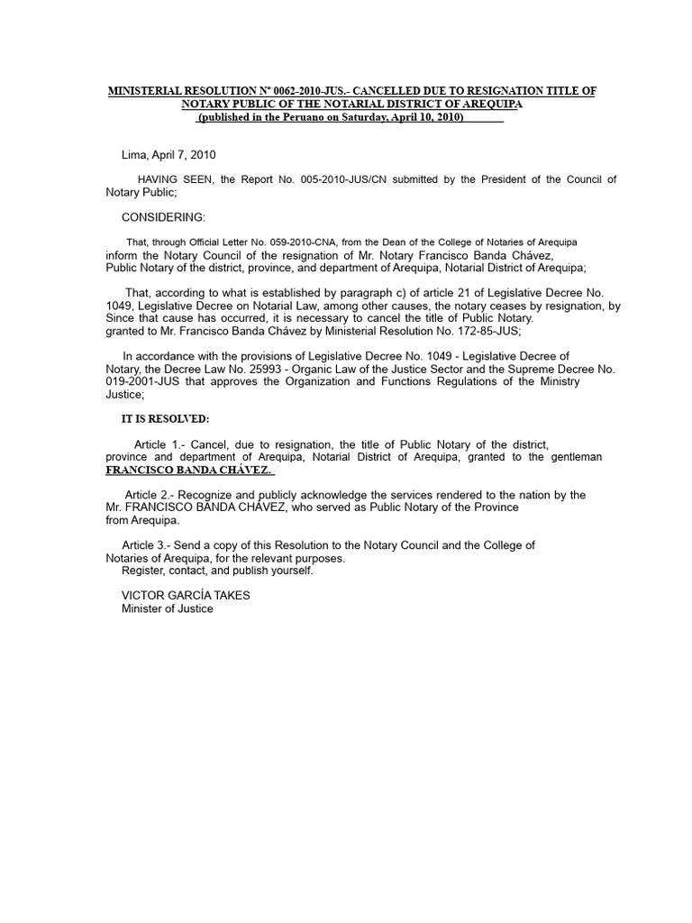 MINISTERIAL RESOLUTION NO. 0062 - Resignation of Notary From Arequipa | PDF