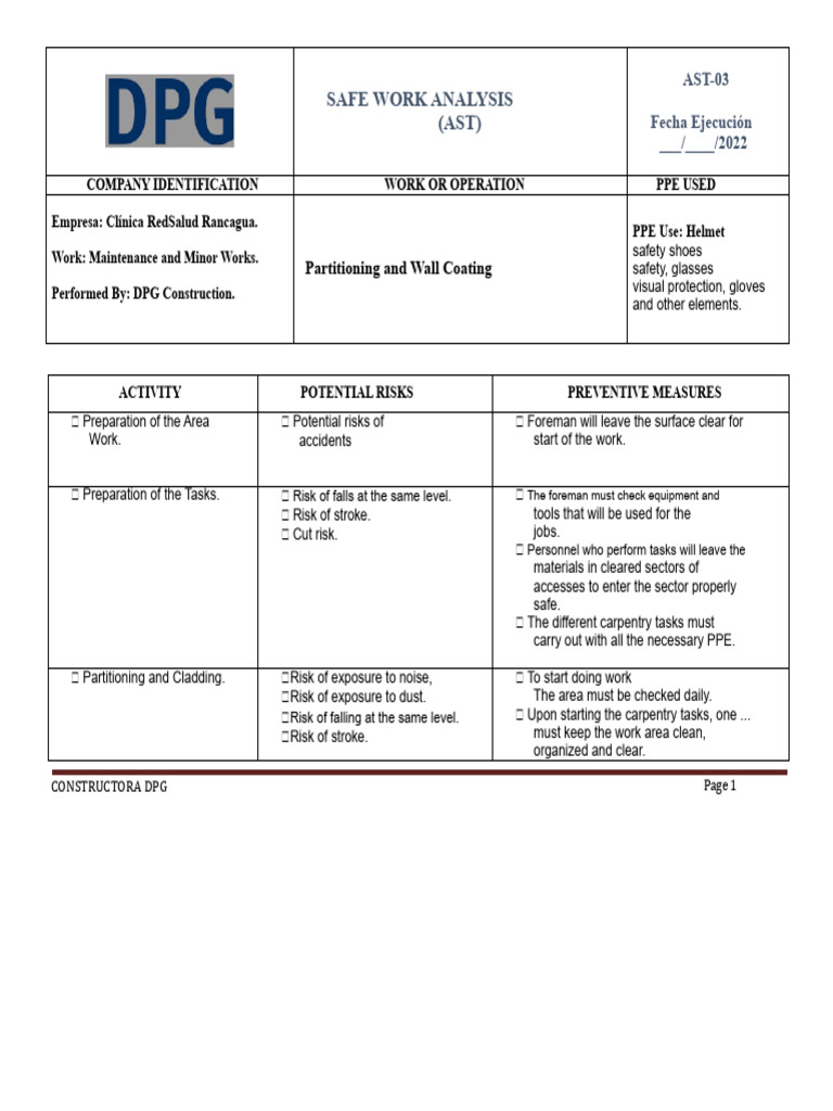 Safe Work Analysis for DPG Construction | PDF | Personal Protective ...