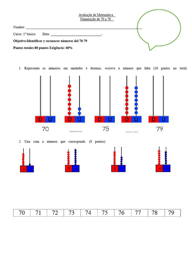 Avaliação de Matemática: Números 70-79 | PDF