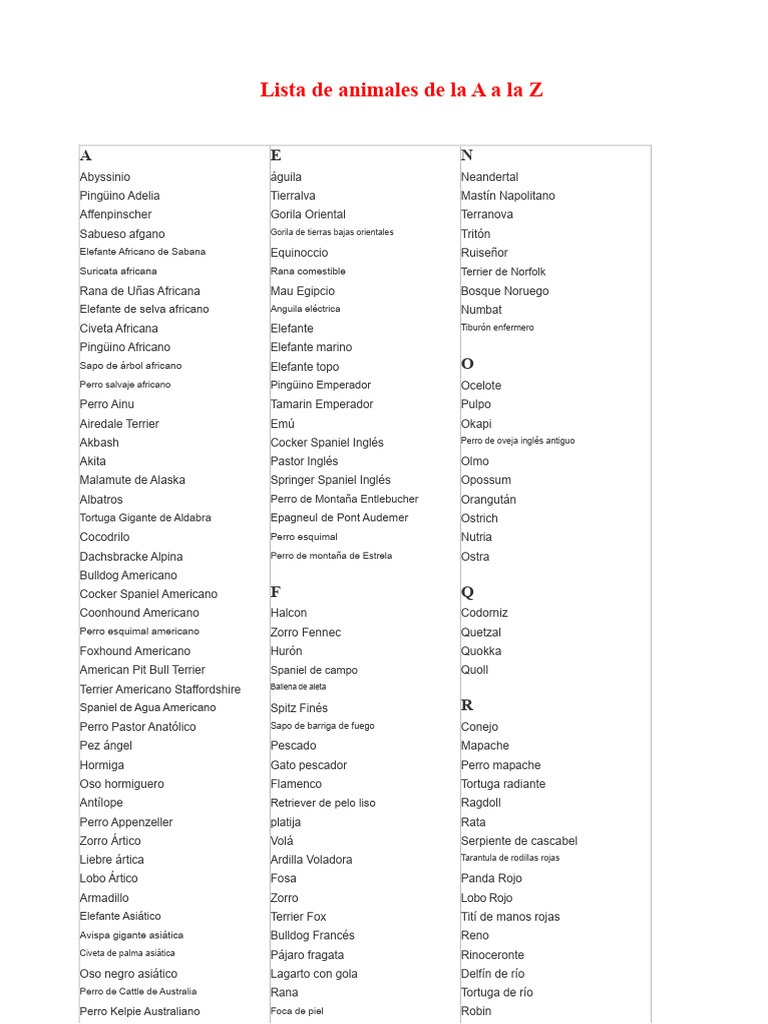 Animales de la A a la Z: Lista Completa | PDF