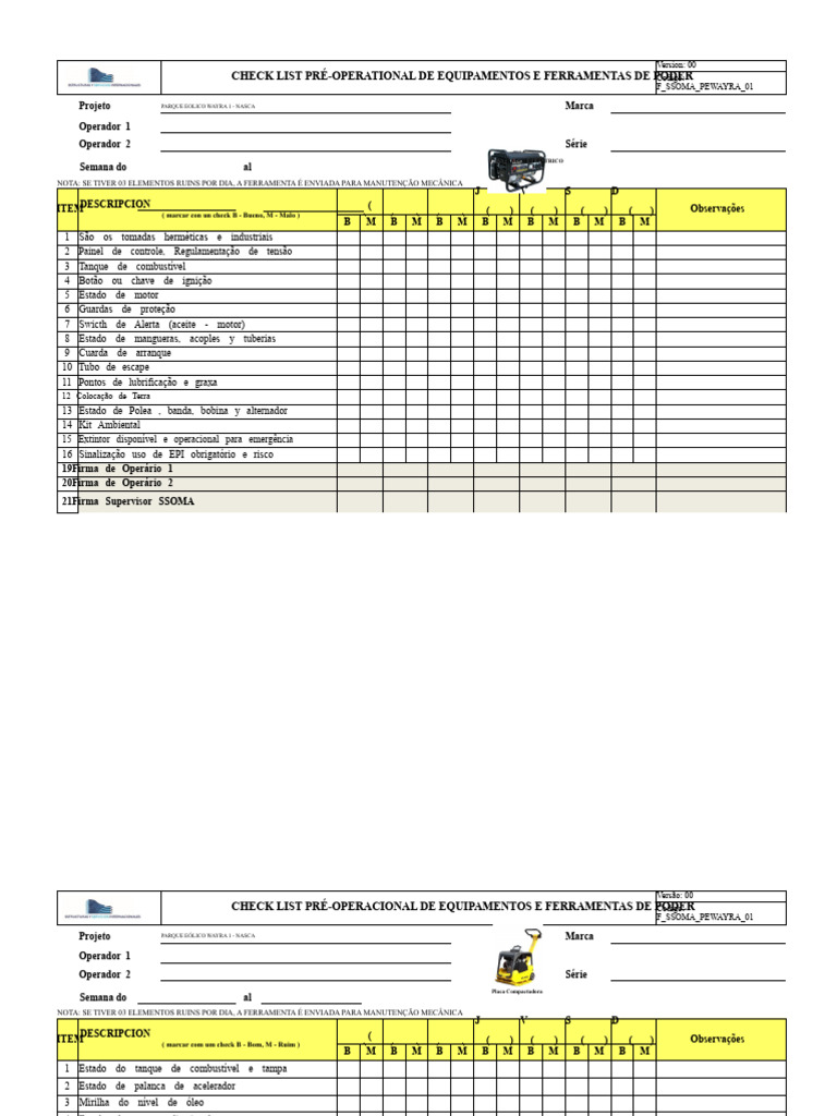 Checklist Pré-Operacional de Equipamentos Eólicos | PDF | Motores ...