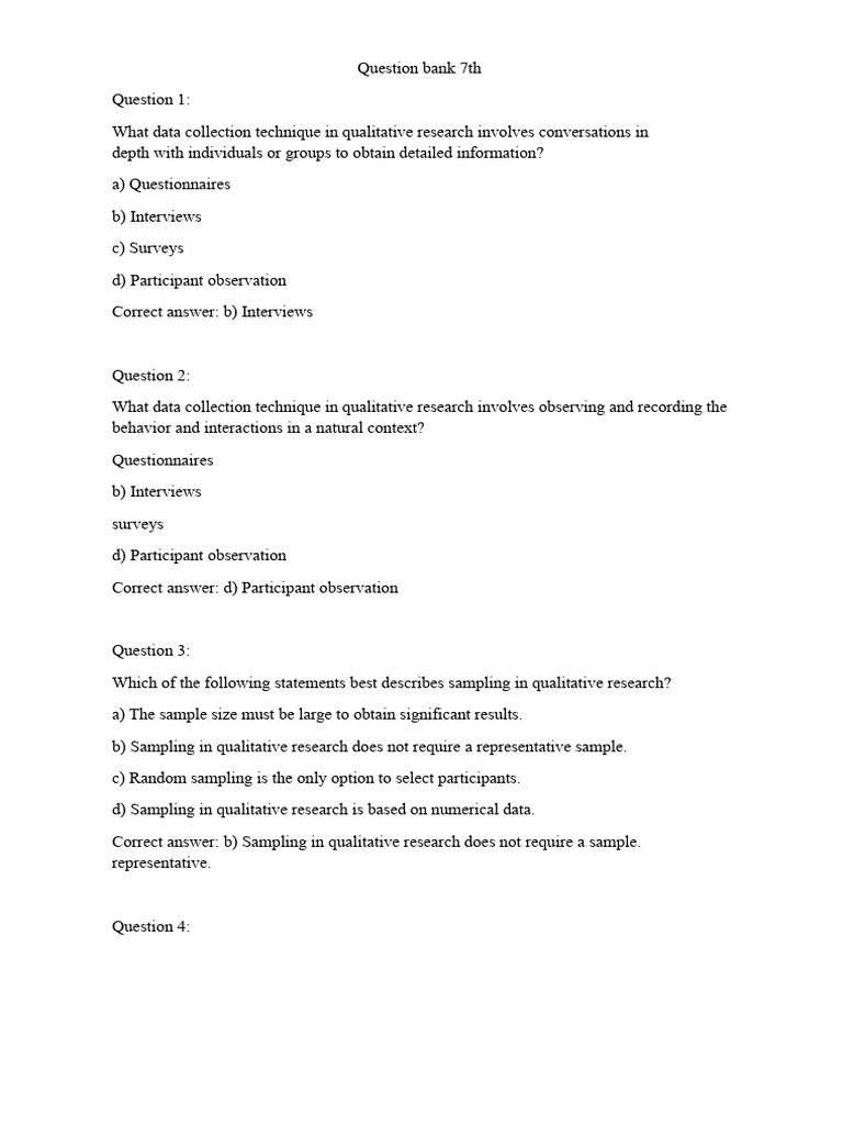 Question Bank 7th Grade | PDF | Qualitative Research | Sampling ...
