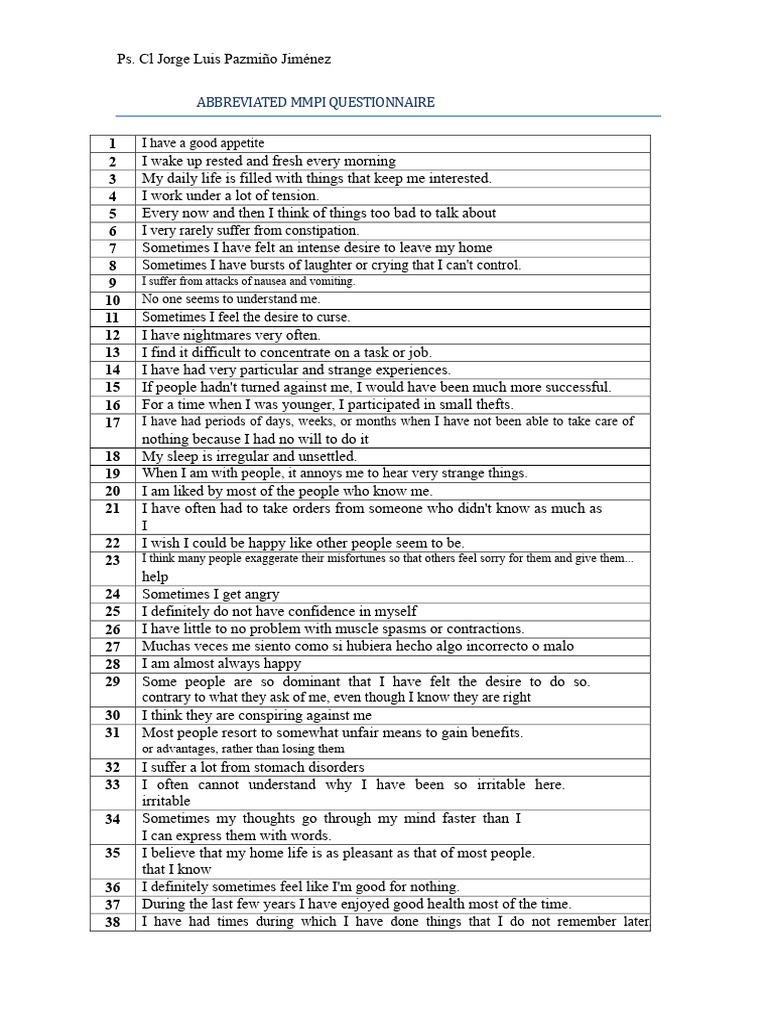Abbreviated MMPI Questionnaire Insights | PDF | Thought | Sleep