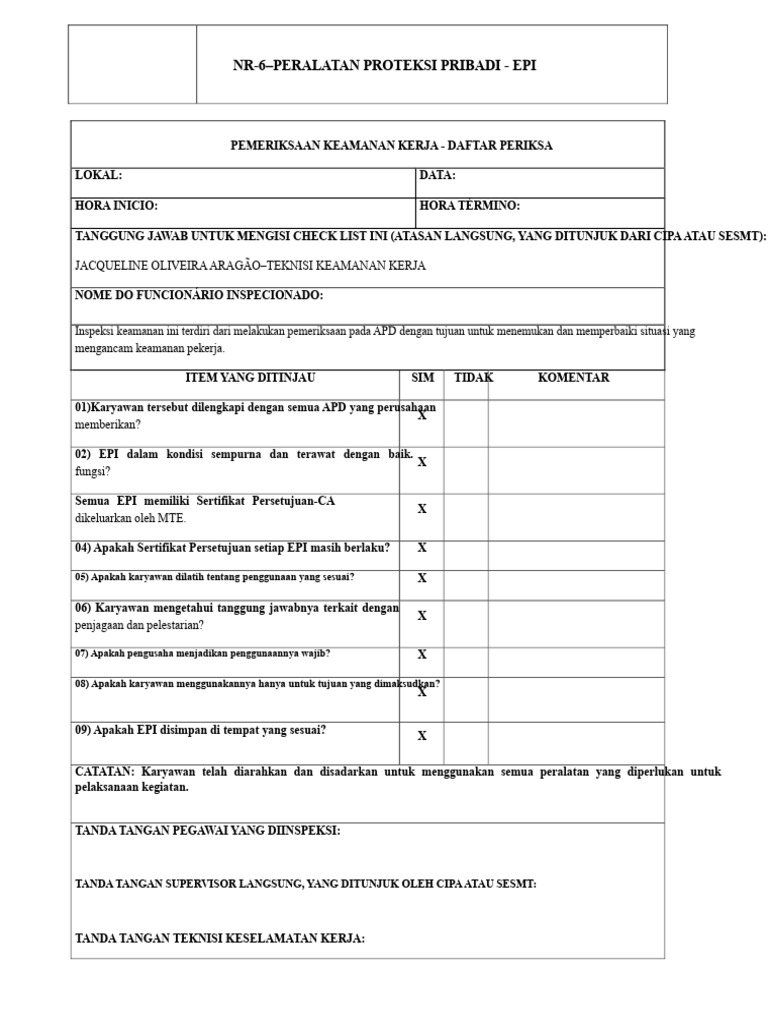 FORMULIR INSPEKSI EPI - Model | PDF