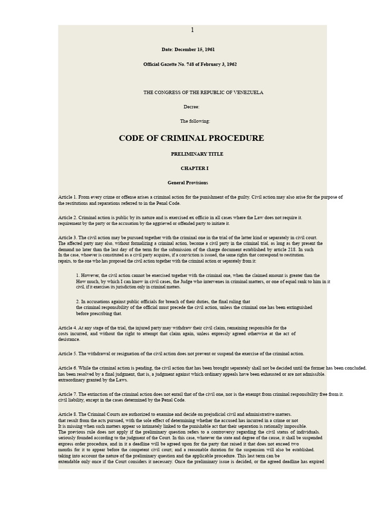 Venezuela Criminal Procedure Code Overview | PDF | Crimes | Crime ...