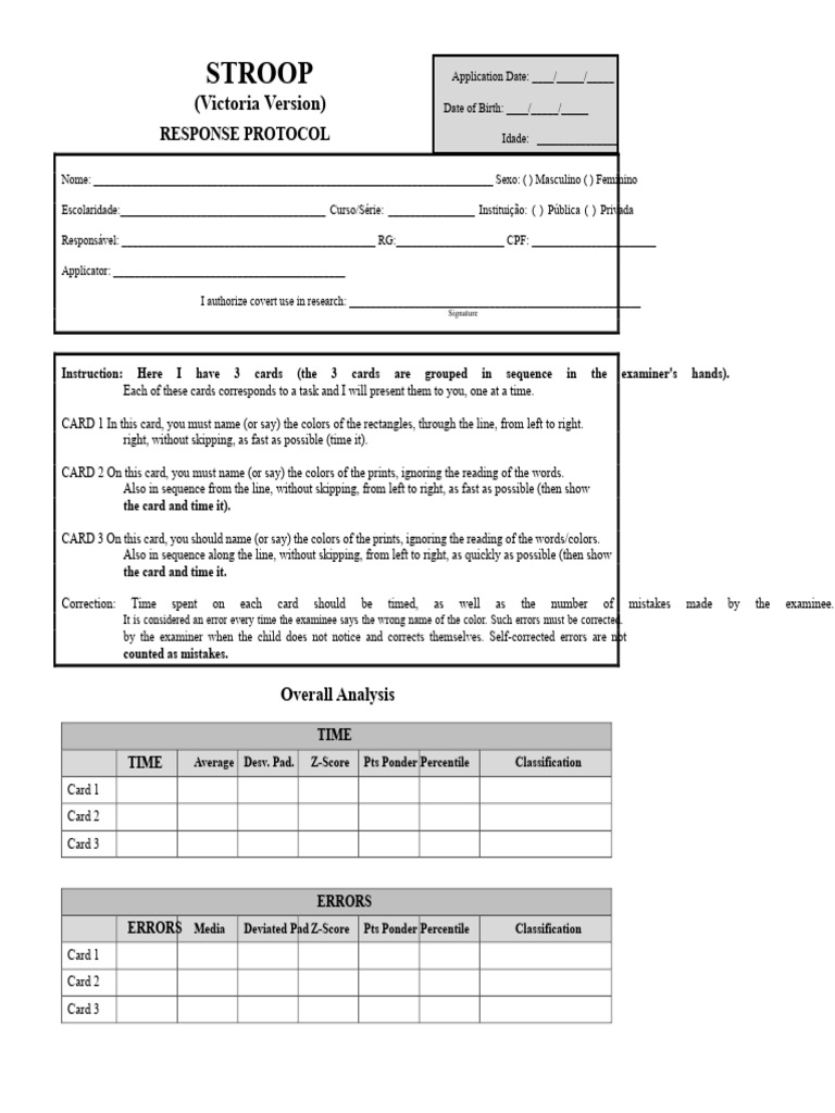 Victoria Stroop Test Response Protocol | PDF | Cognition