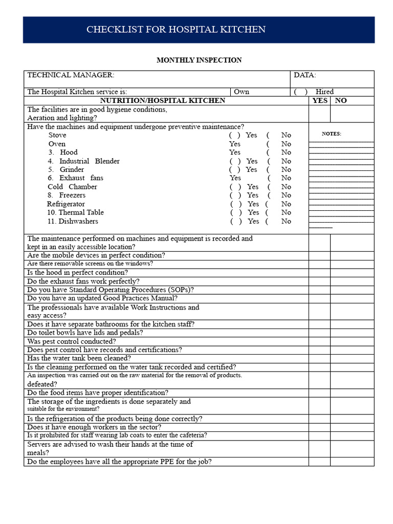 Hospital Kitchen Monthly Inspection Checklist | PDF | Kitchen ...