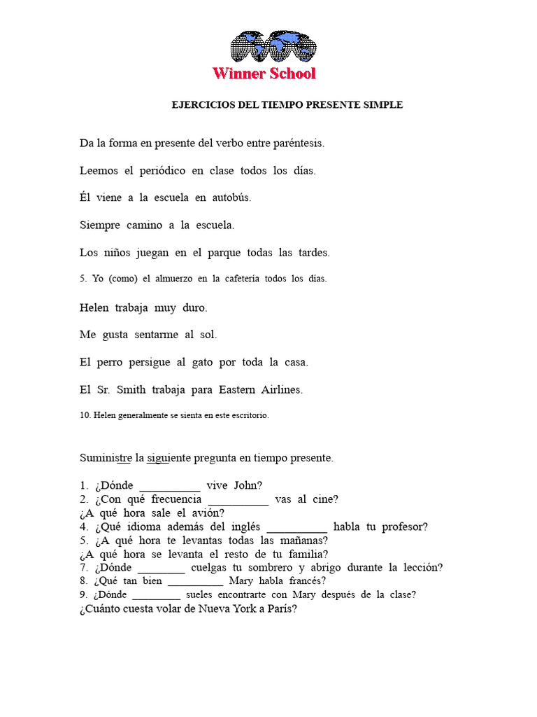 Ejercicios de Presente Simple en Inglés | PDF