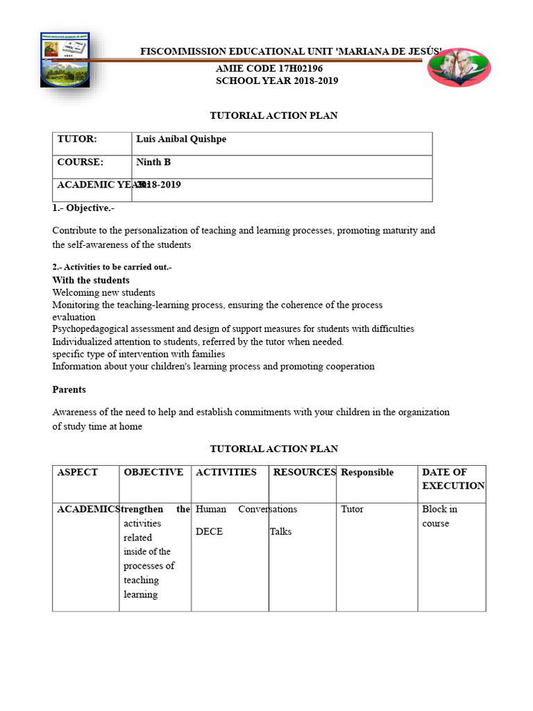 Tutorial Action Plan for 2018-2019 | PDF | Cognition | Behavior ...