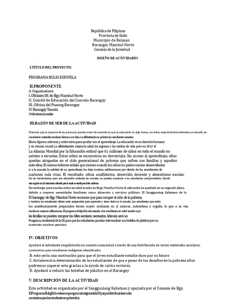 Programa Bulig Eskwela en Mamhut Norte | PDF | Escuelas