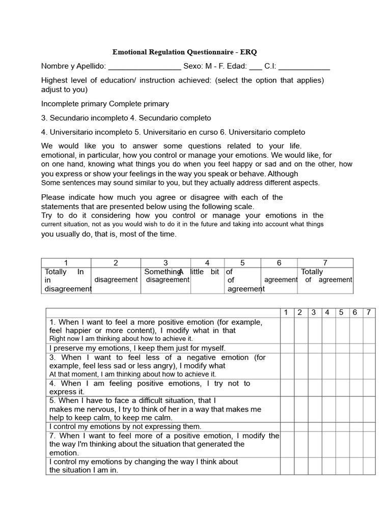 Emotional Regulation Questionnaire (ERQ) | PDF | Emotional Self ...