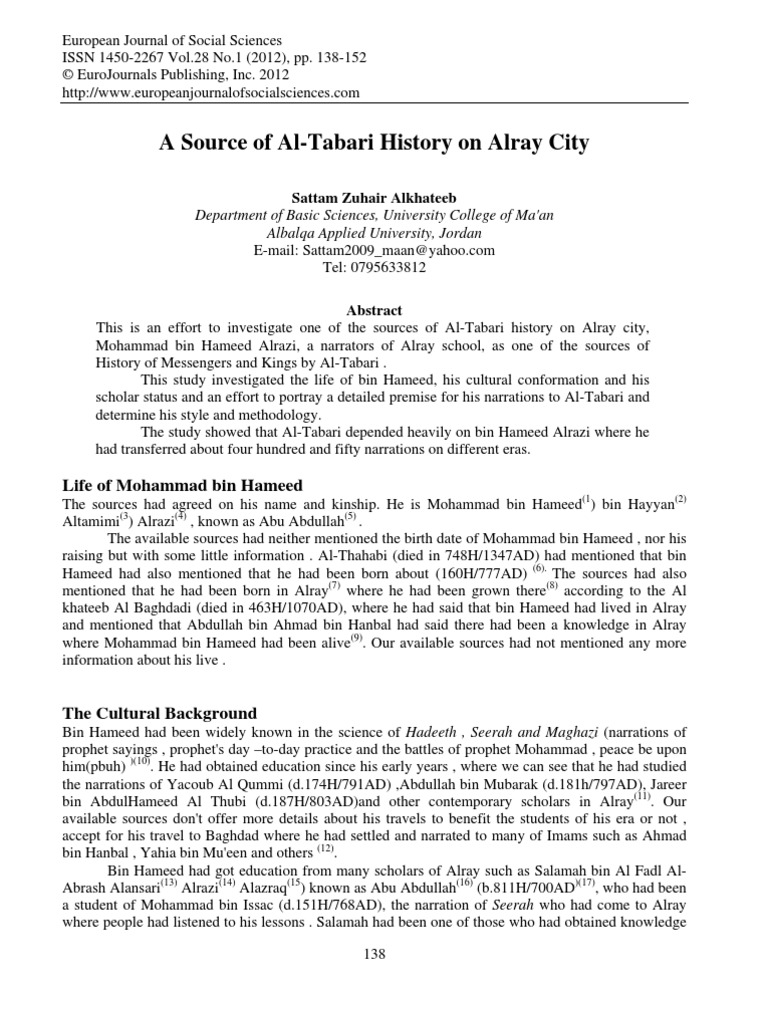 A Source of AlTabari History On Alray City PDF Muhammad Umar