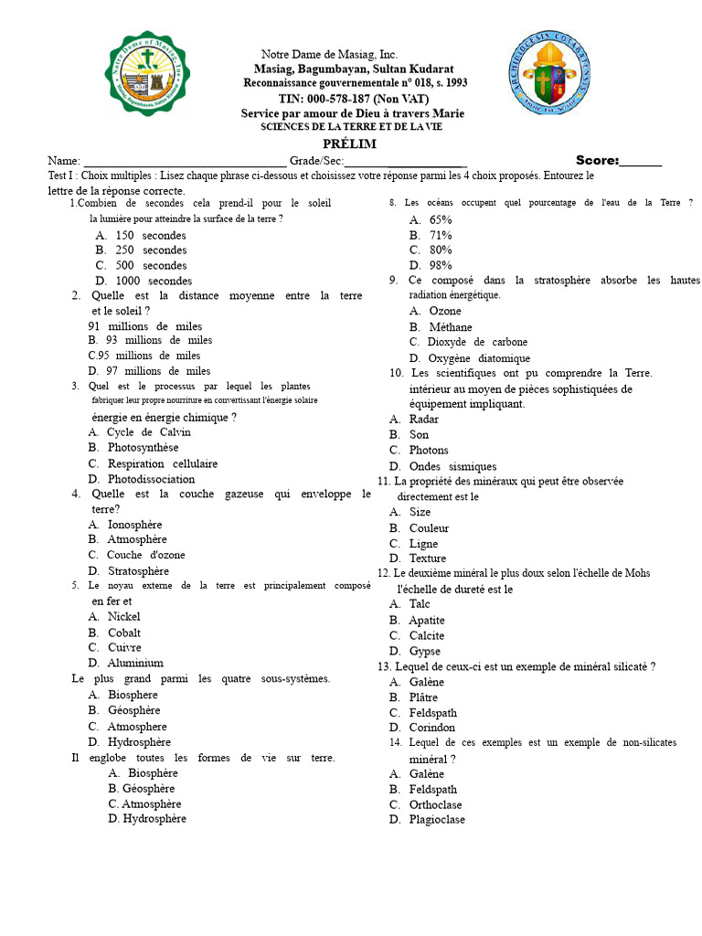 Test de Sciences de la Terre et de la Vie | PDF | Terre | Faille (Géologie)