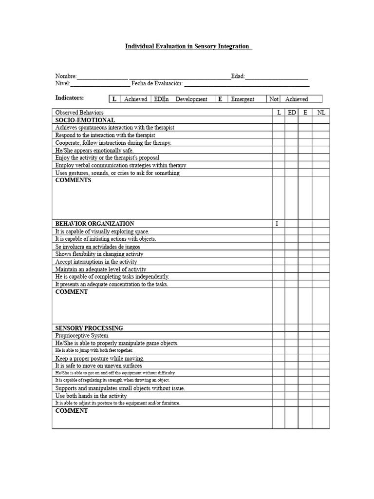 Sensory Integration Evaluation Guide | PDF | Perception | Somatosensory ...