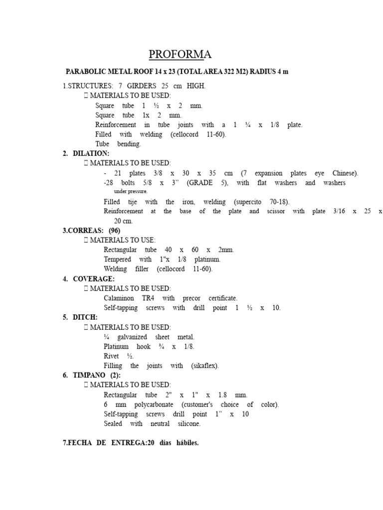 Parabolic Metal Roof Proforma Estimate | PDF