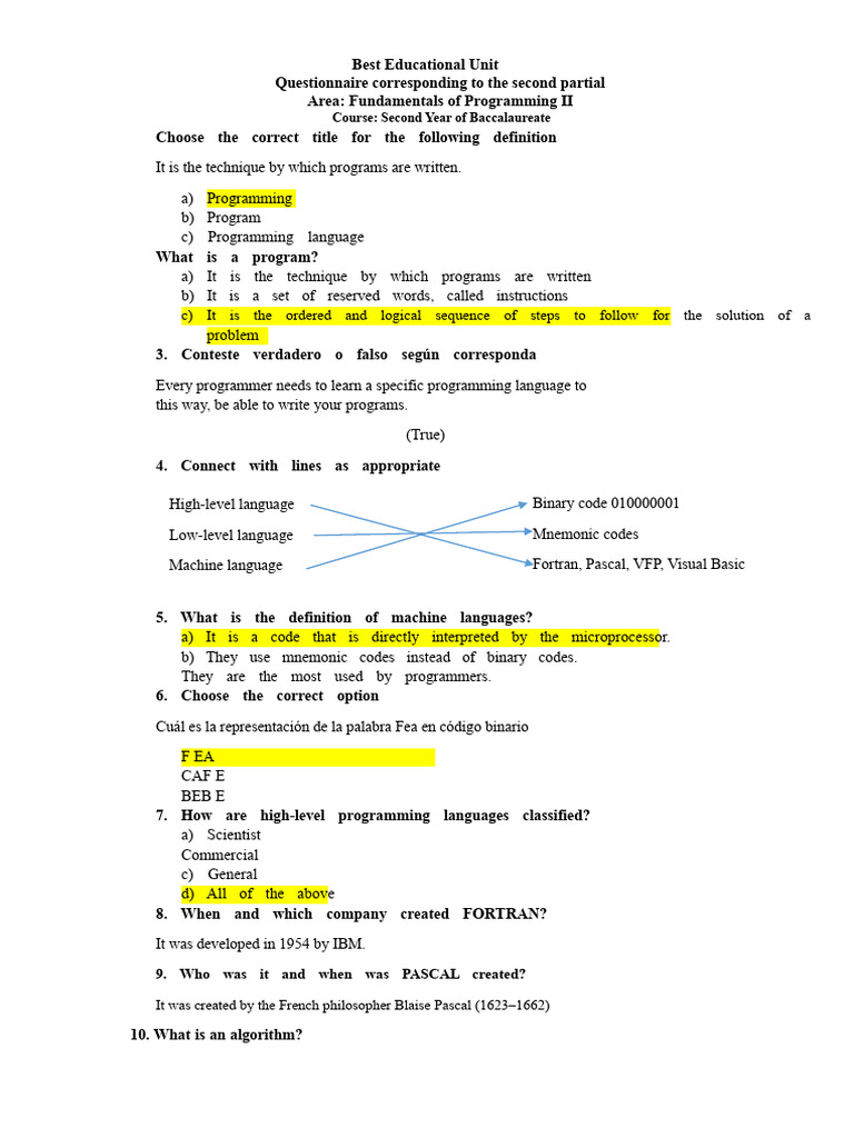 Questionnaire for 2nd year of high school | PDF | Computer Programming ...