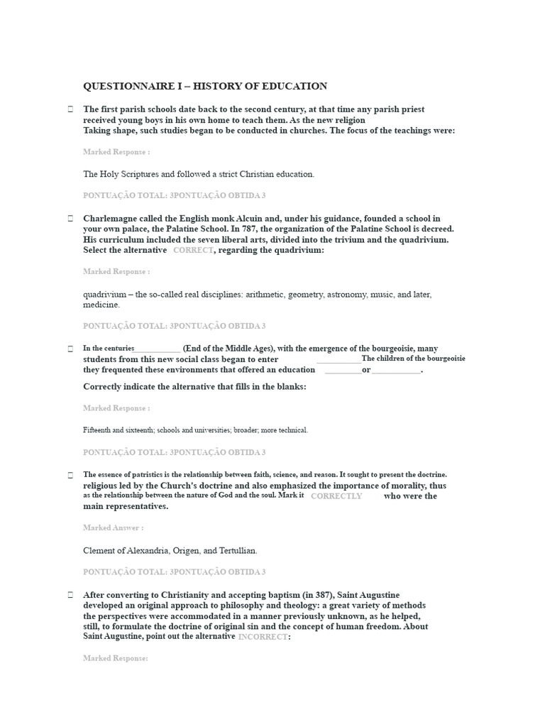 History of Education Questionnaire | PDF | Augustine Of Hippo | Theology