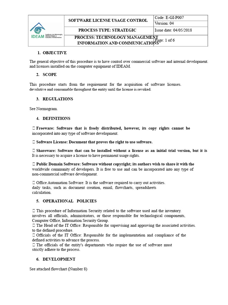 E-GI-P007 SOFTWARE LICENSE USAGE CONTROL PROCEDURE v4 | PDF | Software ...