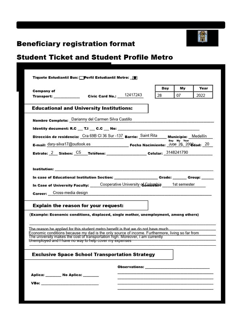 Metro Beneficiaries Registration Format 2022 | PDF