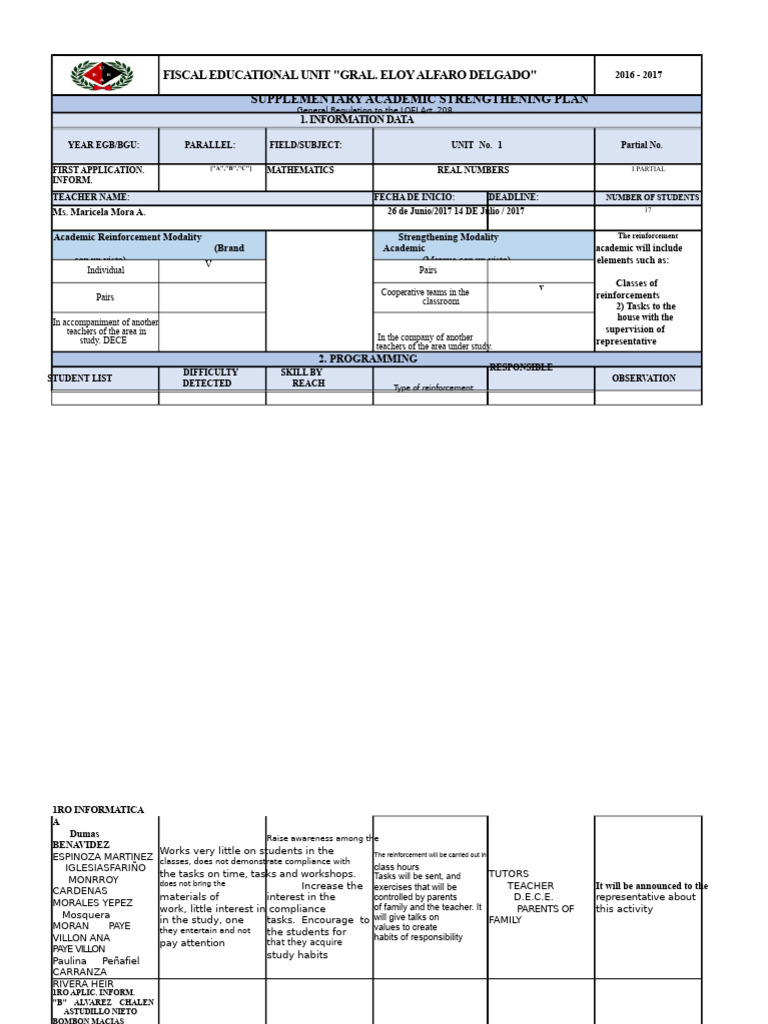 Academic Reinforcement Plan for Mathematics 1st Grade Inf b | PDF