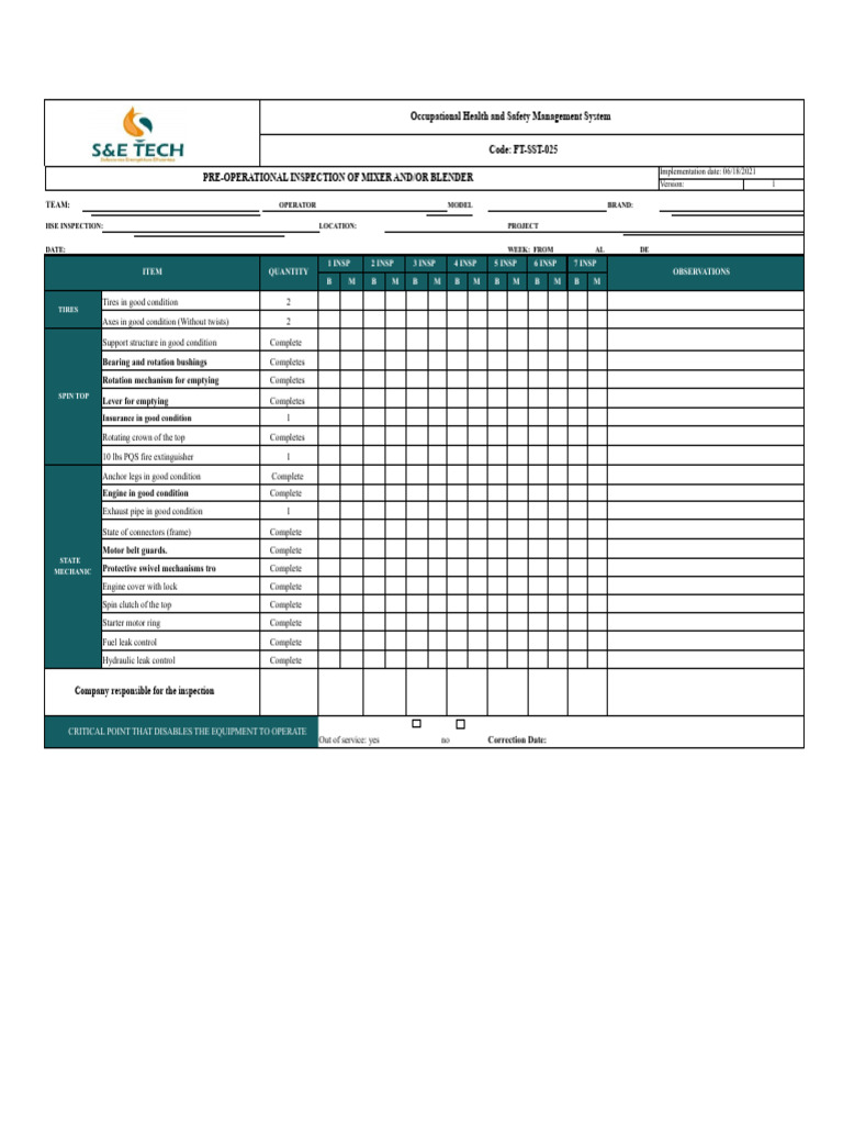 Pre-Operational Mixer Inspection Checklist | PDF | Land Vehicles ...