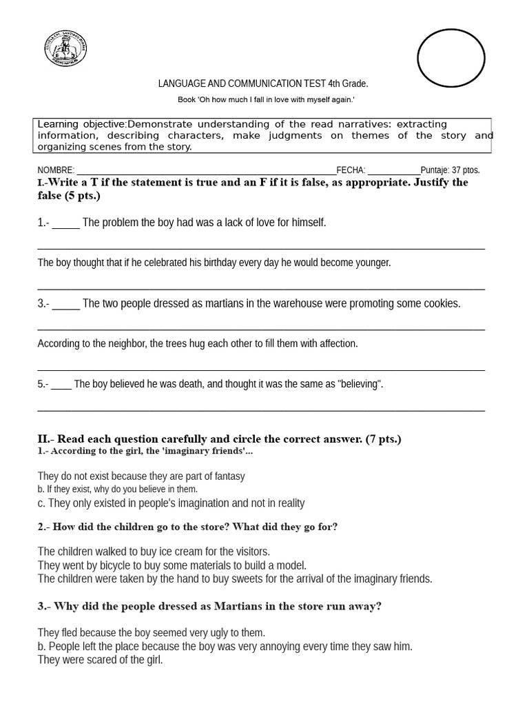 4th Grade Language & Communication Test | PDF