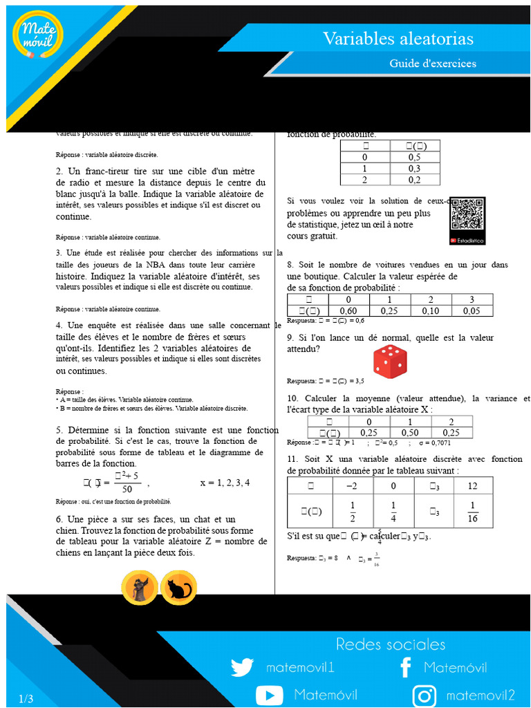 Guide d'exercices sur les variables aléatoires | PDF | Variable ...