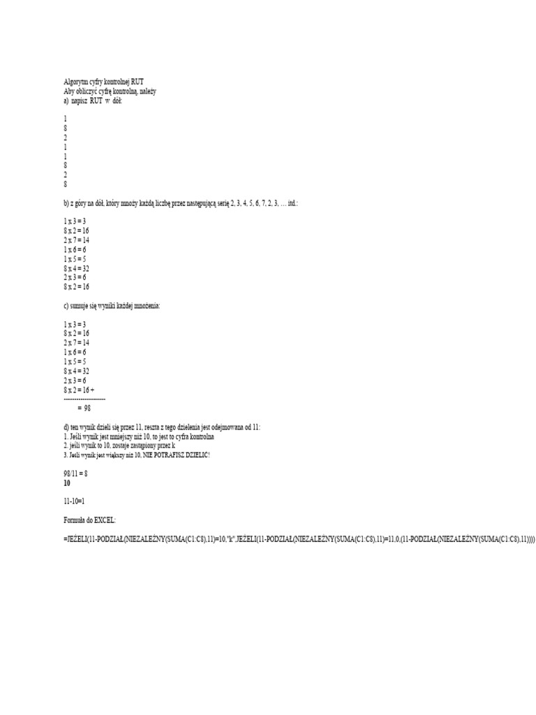 Algorytm Cyfry Kontrolnej RUT | PDF