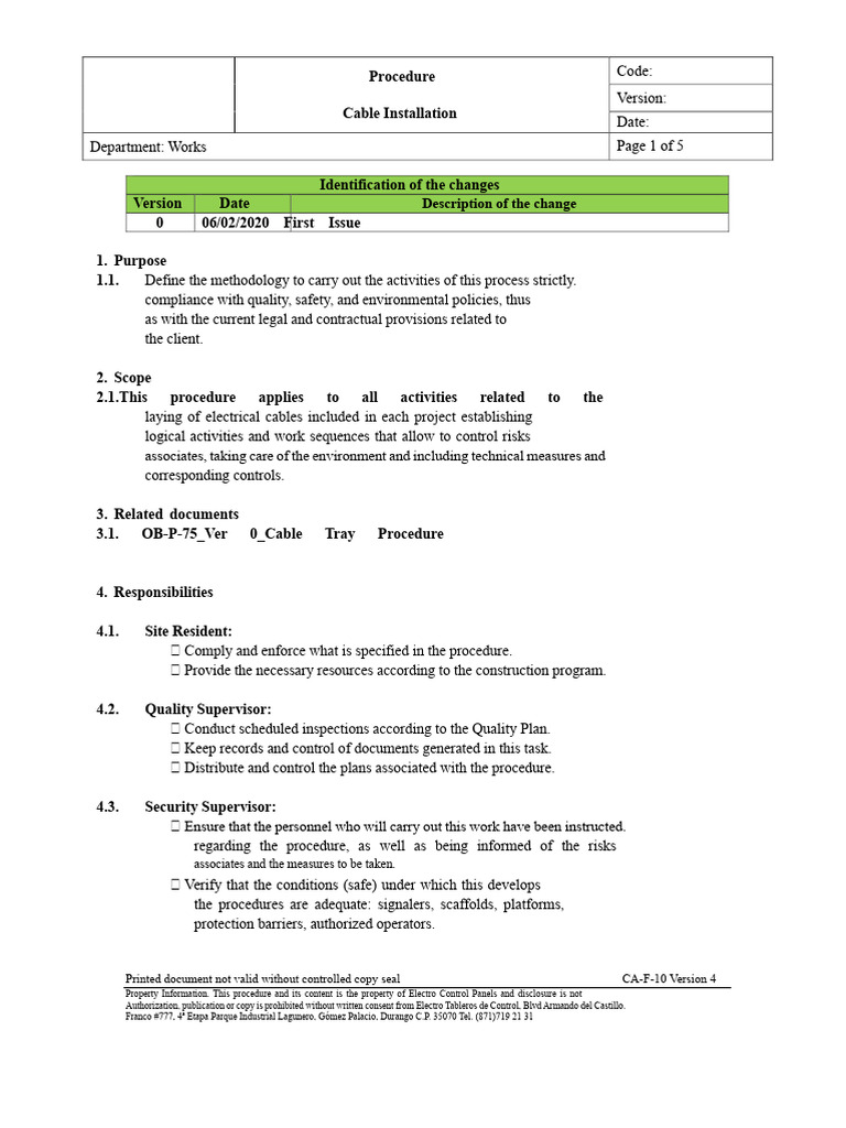 Cable Laying Procedure | PDF | Regulatory Compliance | Safety