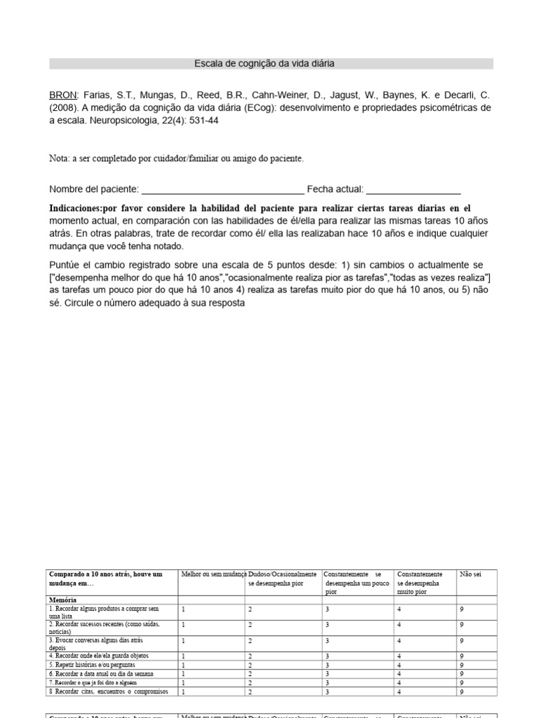 Escala ECog: Avaliação Cognitiva Diária | PDF | Cognição
