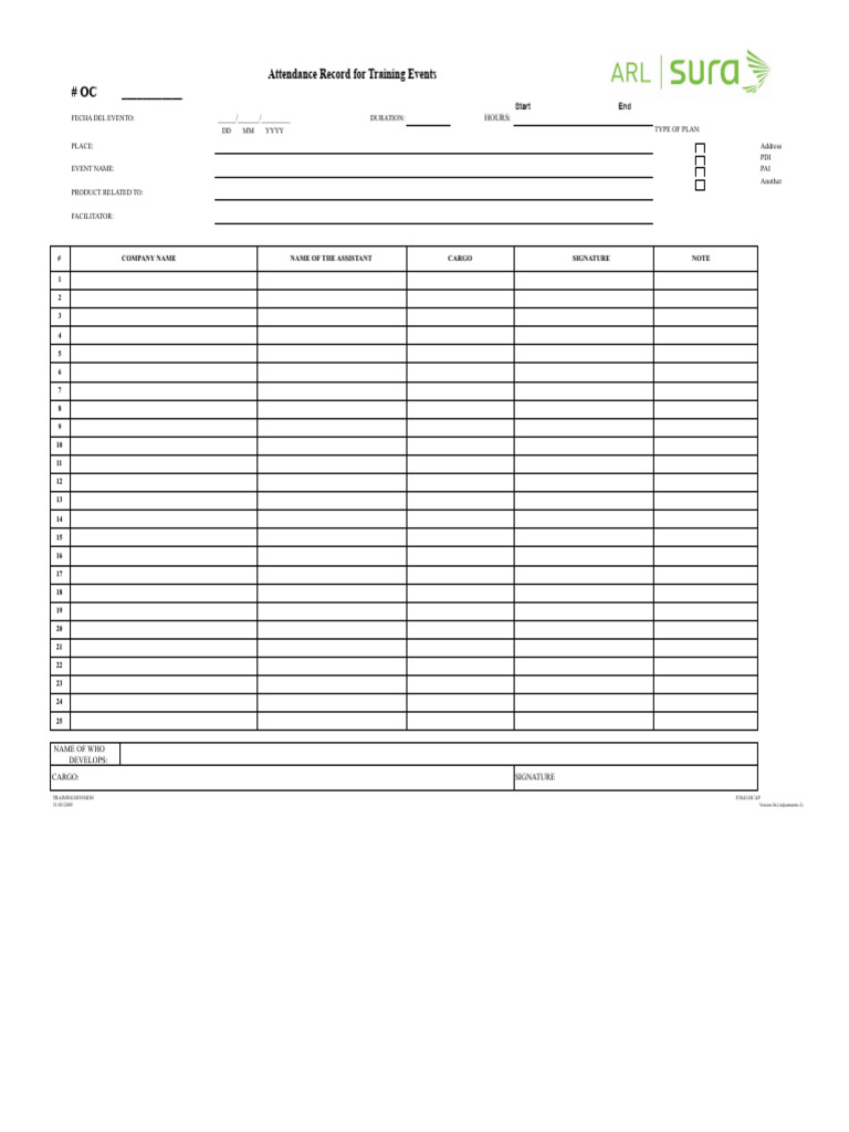 Attendance Record Format For In-Person Training Events | PDF